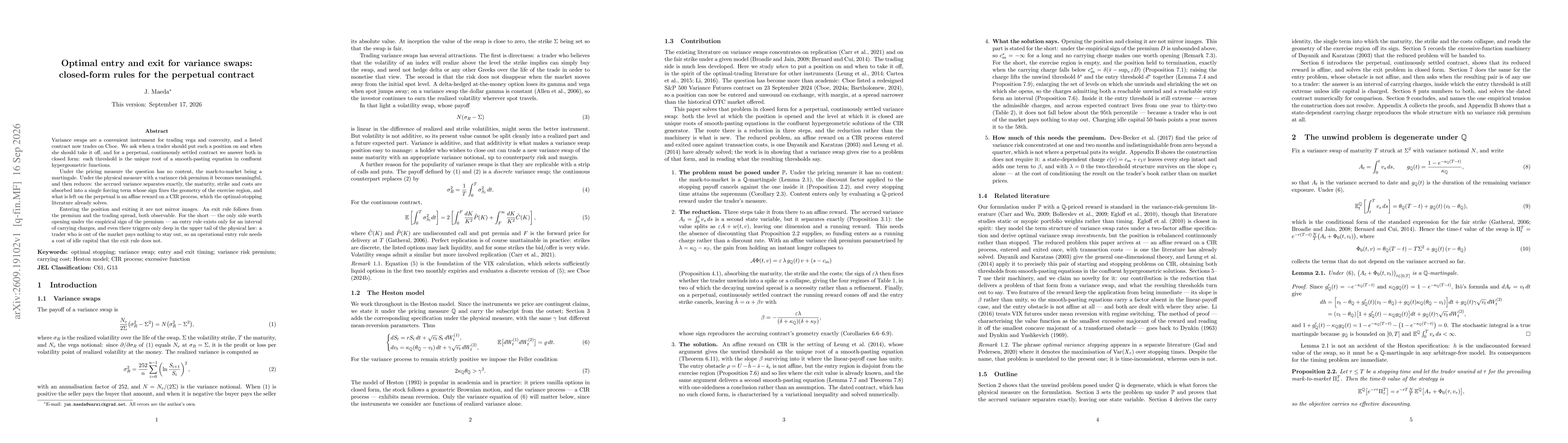 Thumbnail for Optimal entry and exit for variance swaps: closed-form rules for the perpetual contract