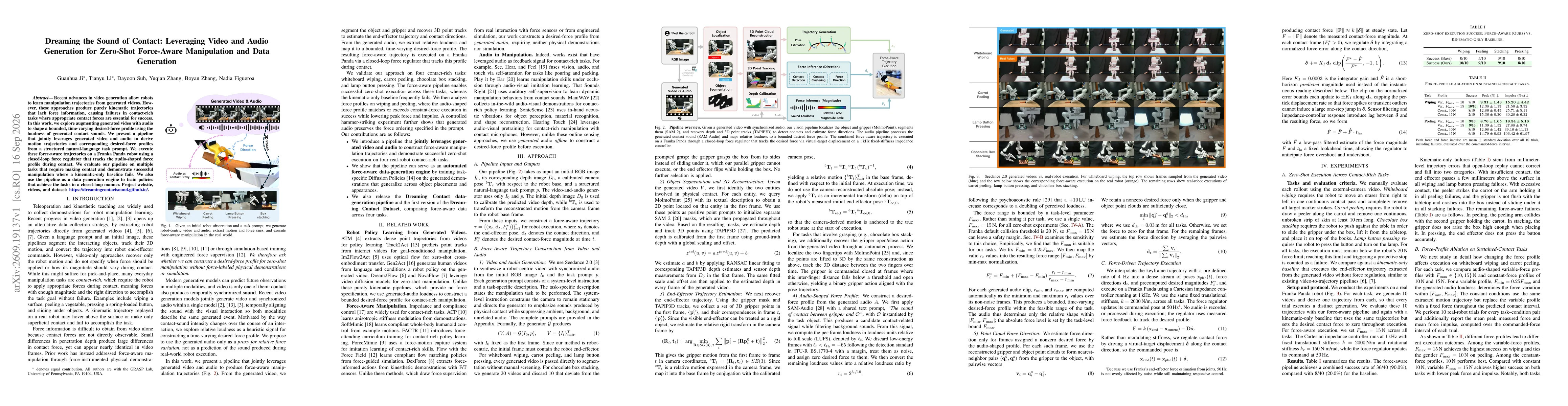Thumbnail for Dreaming the Sound of Contact: Leveraging Video and Audio Generation for Zero-Shot Force-Aware Manipulation and Data Generation