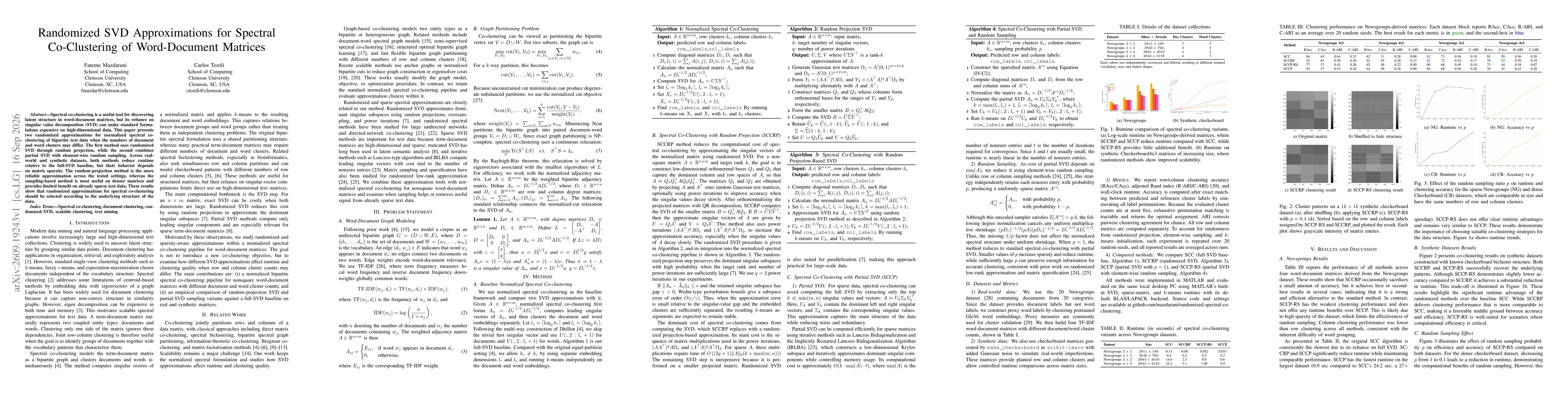 Thumbnail for Randomized SVD Approximations for Spectral Co-Clustering of Word-Document Matrices