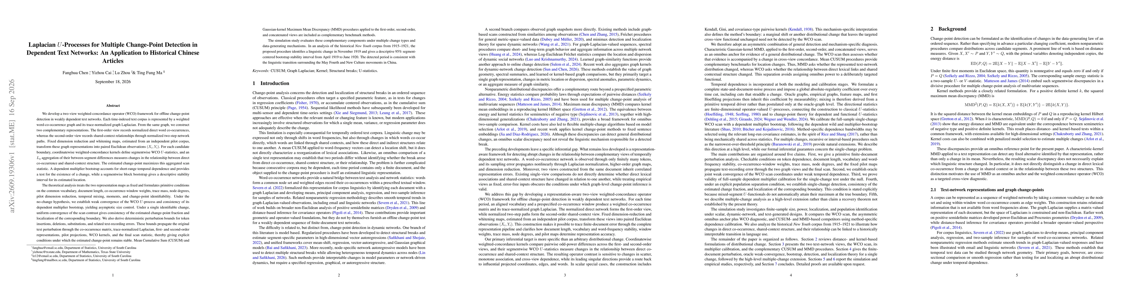 Thumbnail for Laplacian U-Processes for Multiple Change-Point Detection in Dependent Text Networks: An Application to Historical Chinese Articles