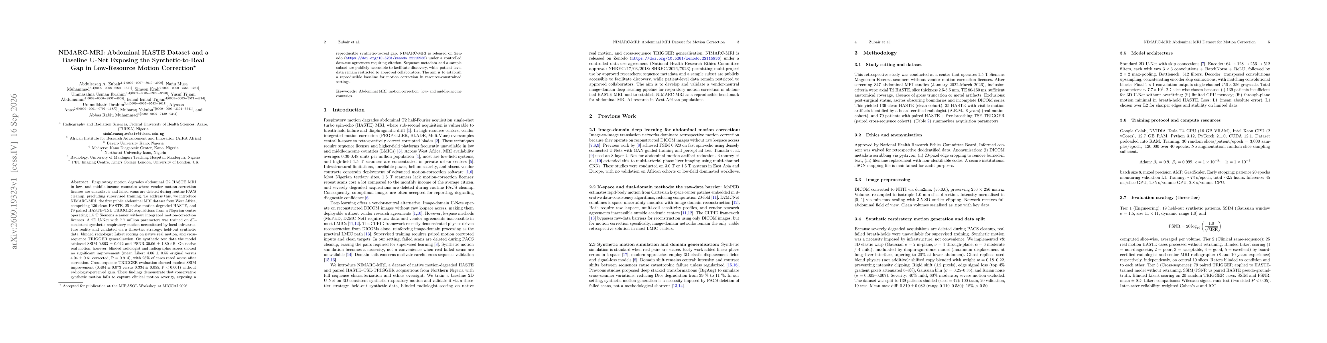 Thumbnail for NIMARC-MRI: Abdominal HASTE Dataset and a Baseline U-Net Exposing the Synthetic-to-Real Gap in Low-Resource Motion Correction