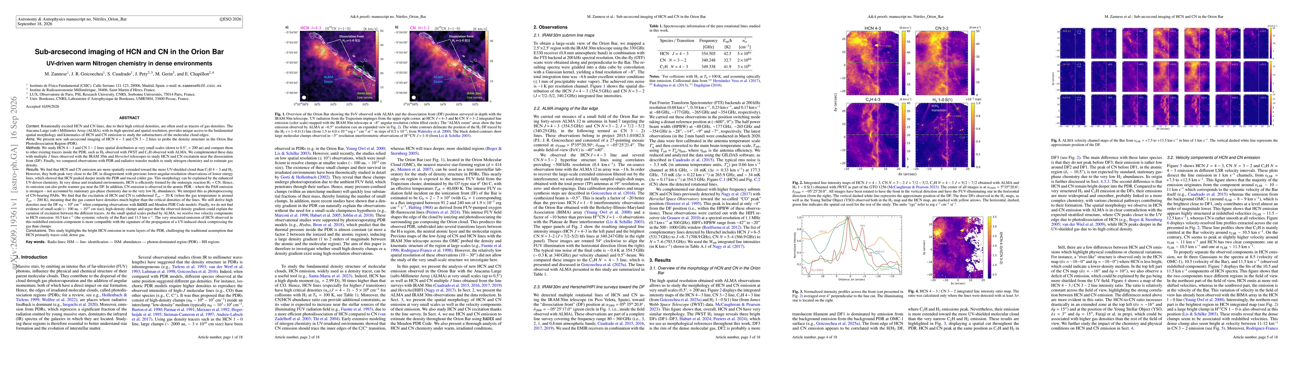 Thumbnail for Sub-arcsecond imaging of HCN and CN in the Orion Bar. UV-driven warm Nitrogen chemistry in dense environments