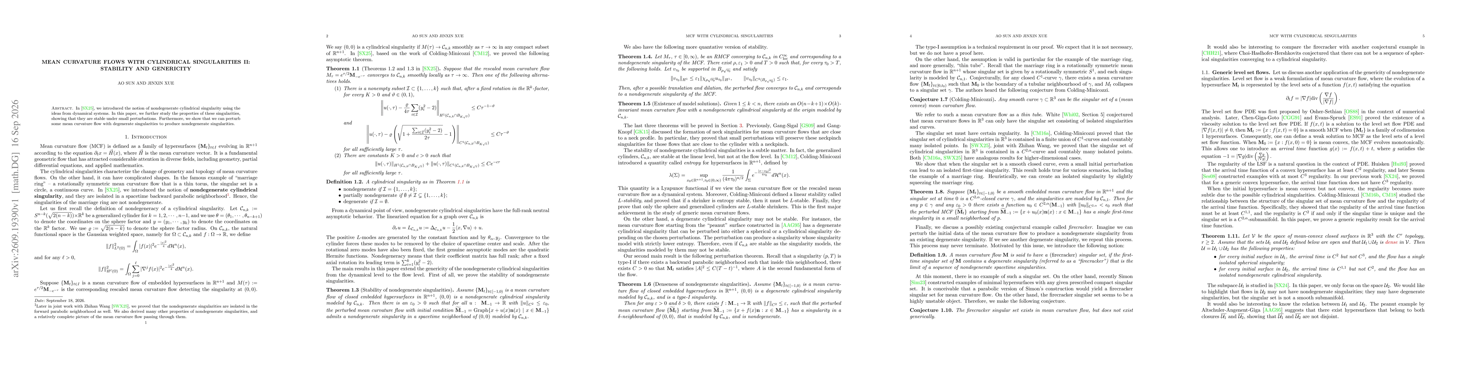 Thumbnail for Mean curvature flows with cylindrical singularities II: stability and genericity