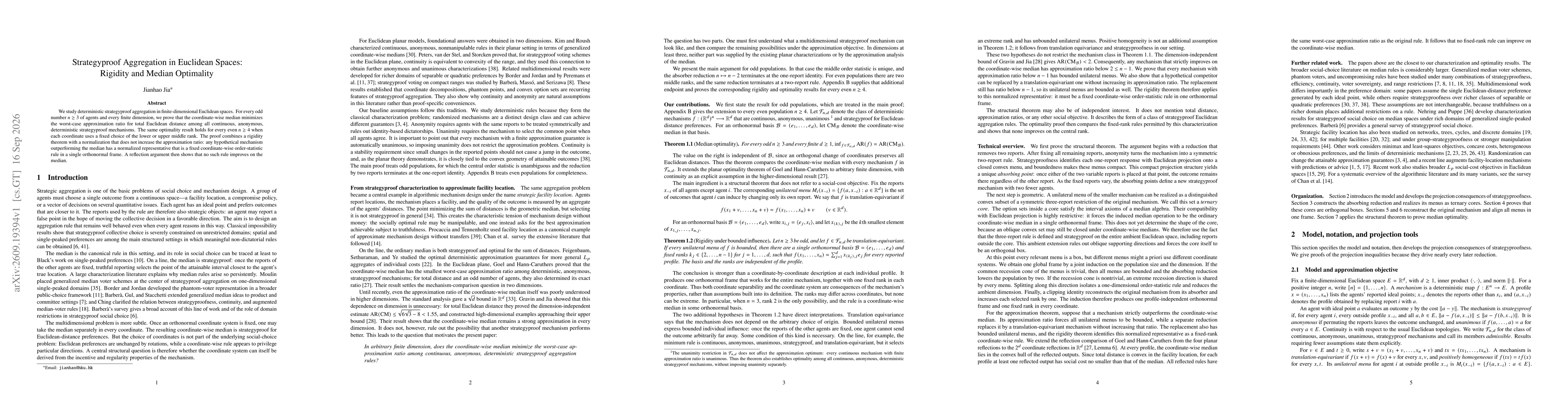 Thumbnail for Strategyproof Aggregation in Euclidean Spaces: Rigidity and Median Optimality