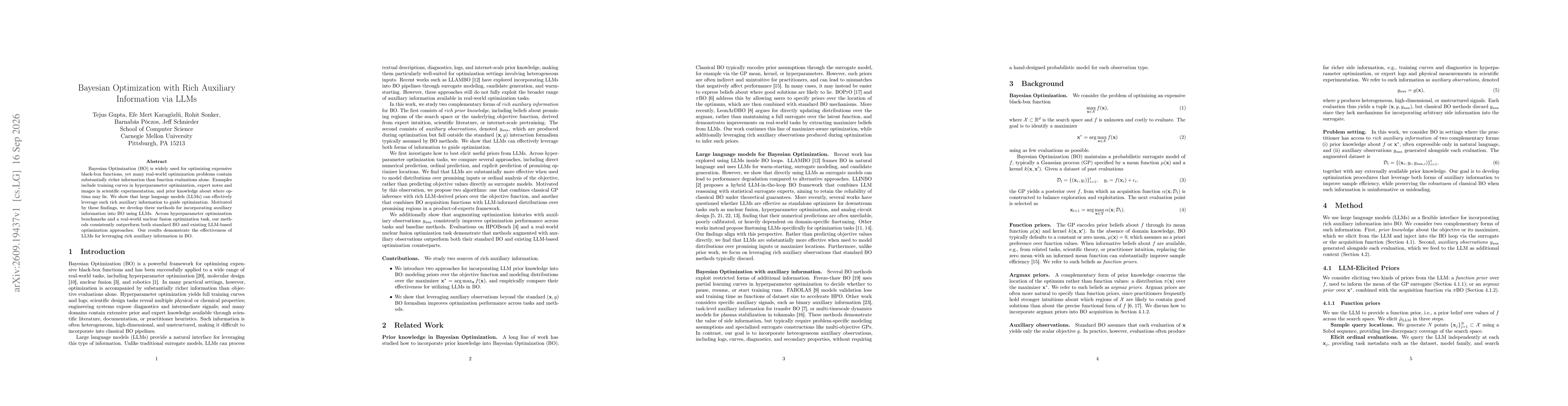 Thumbnail for Bayesian Optimization with Rich Auxiliary Information via LLMs