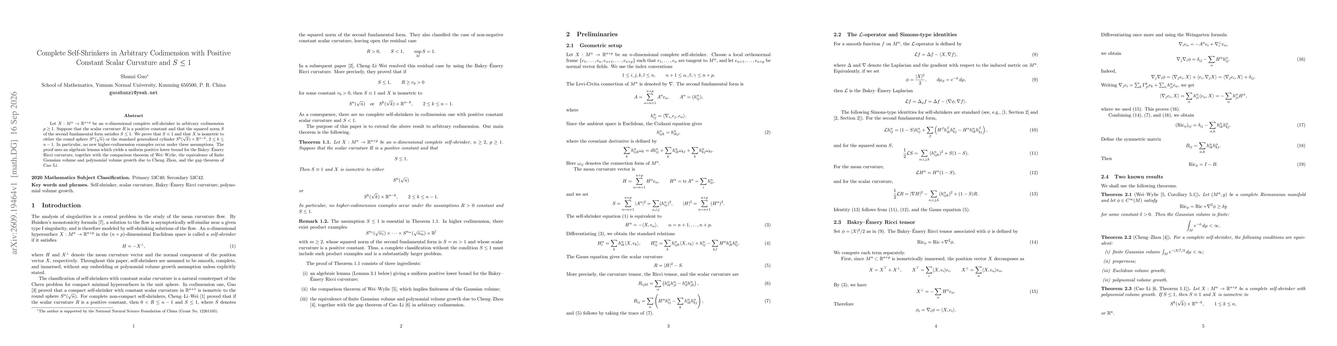 Thumbnail for Complete Self-Shrinkers in Arbitrary Codimension with Positive Constant Scalar Curvature and \(S\le 1\)
