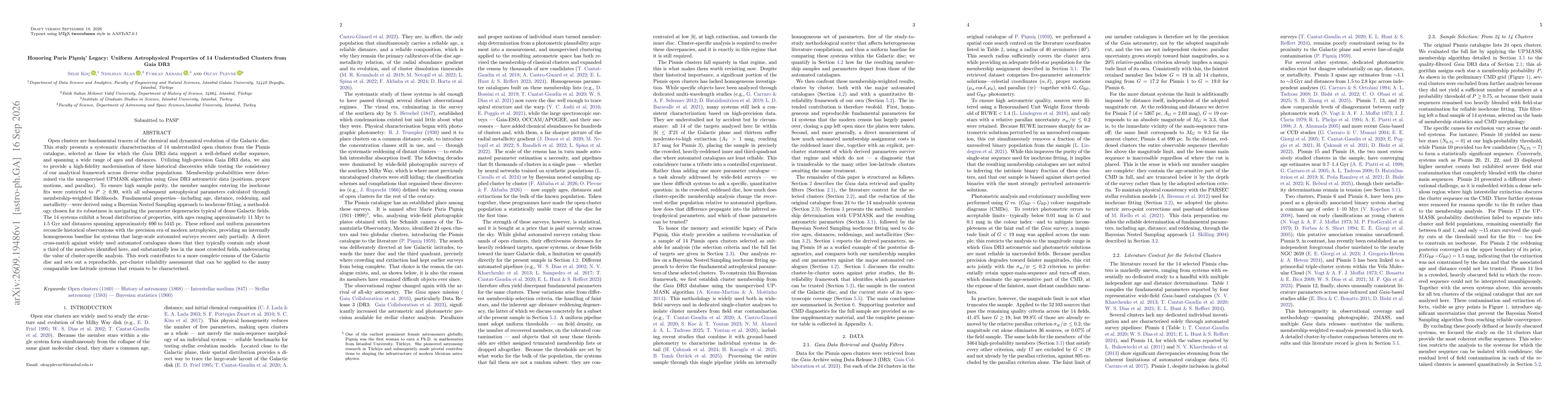 Thumbnail for Honoring Paris Pişmiş' Legacy: Uniform Astrophysical Properties of 14 Understudied Clusters from Gaia DR3