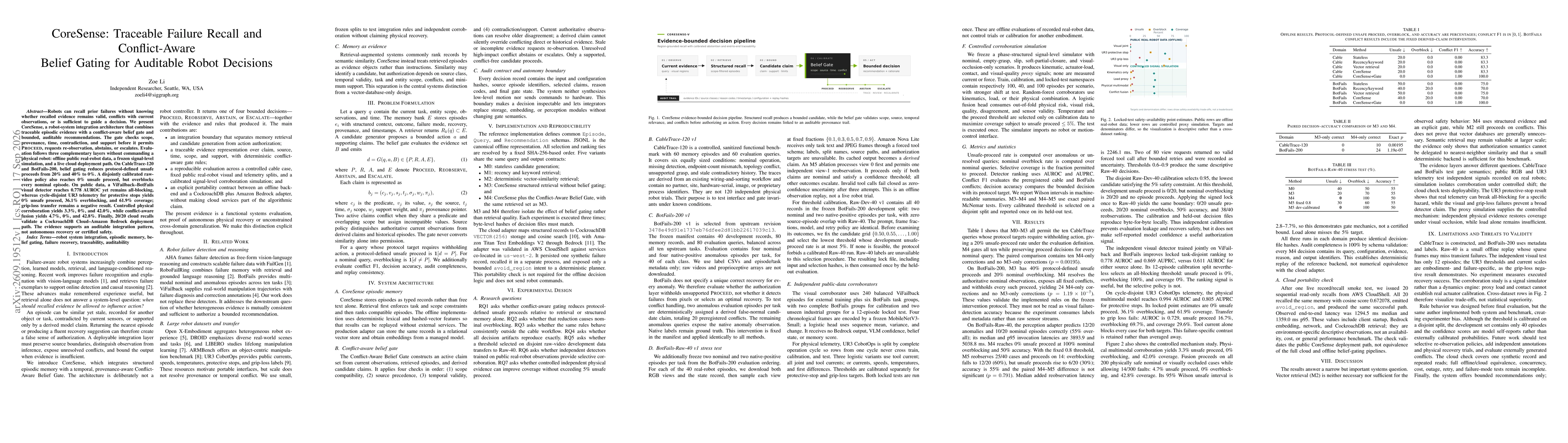 Thumbnail for CoreSense: Traceable Failure Recall and Conflict-Aware Belief Gating for Auditable Robot Decisions