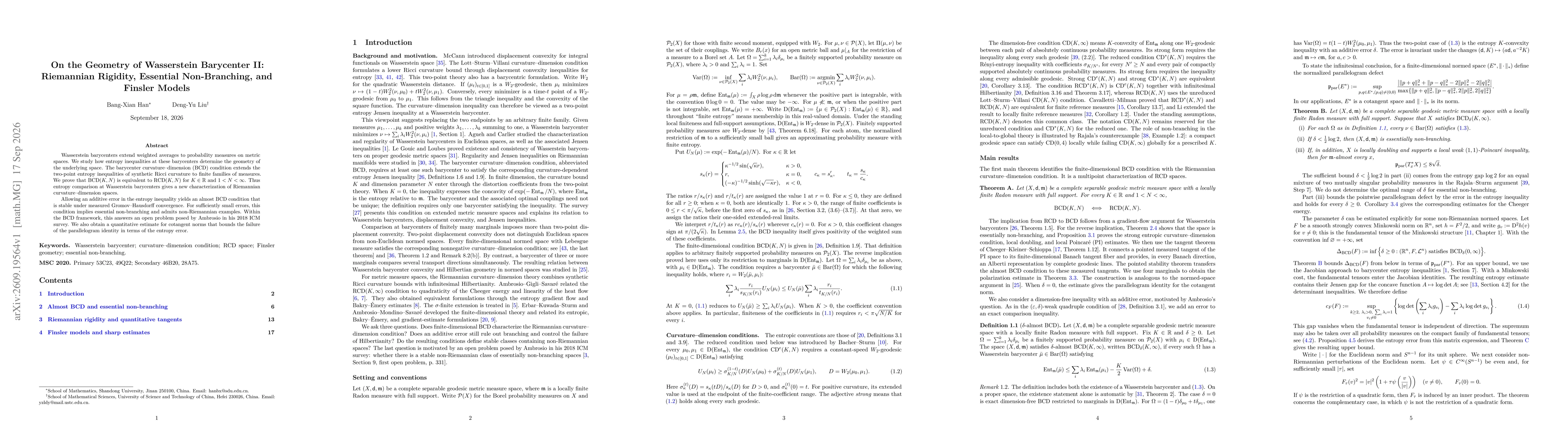 Thumbnail for On the Geometry of Wasserstein Barycenter II: Riemannian Rigidity, Essential Non-Branching, and Finsler Models