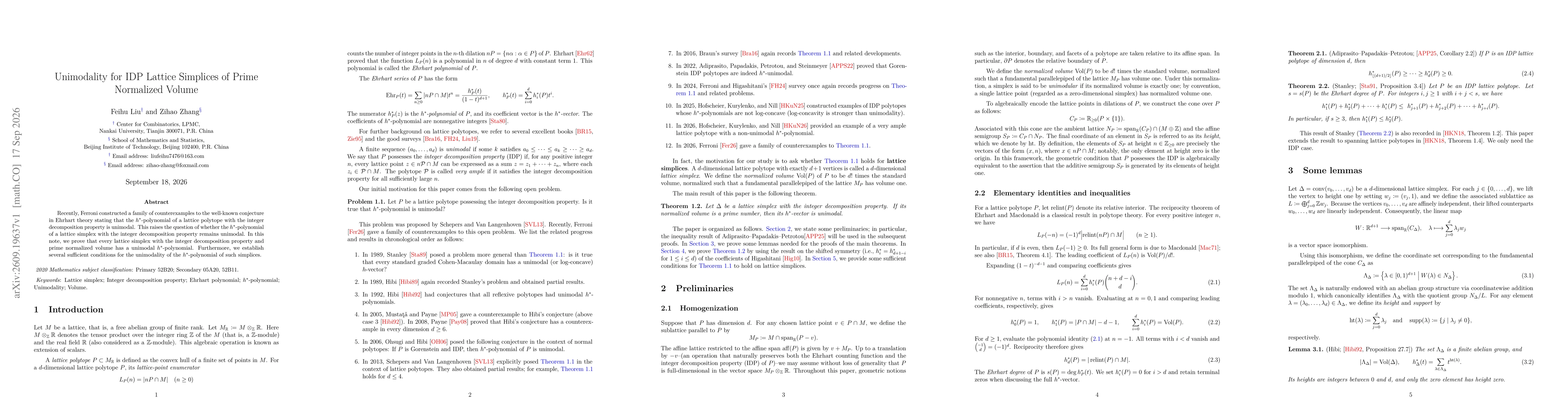 Thumbnail for Unimodality for IDP Lattice Simplices of Prime Normalized Volume