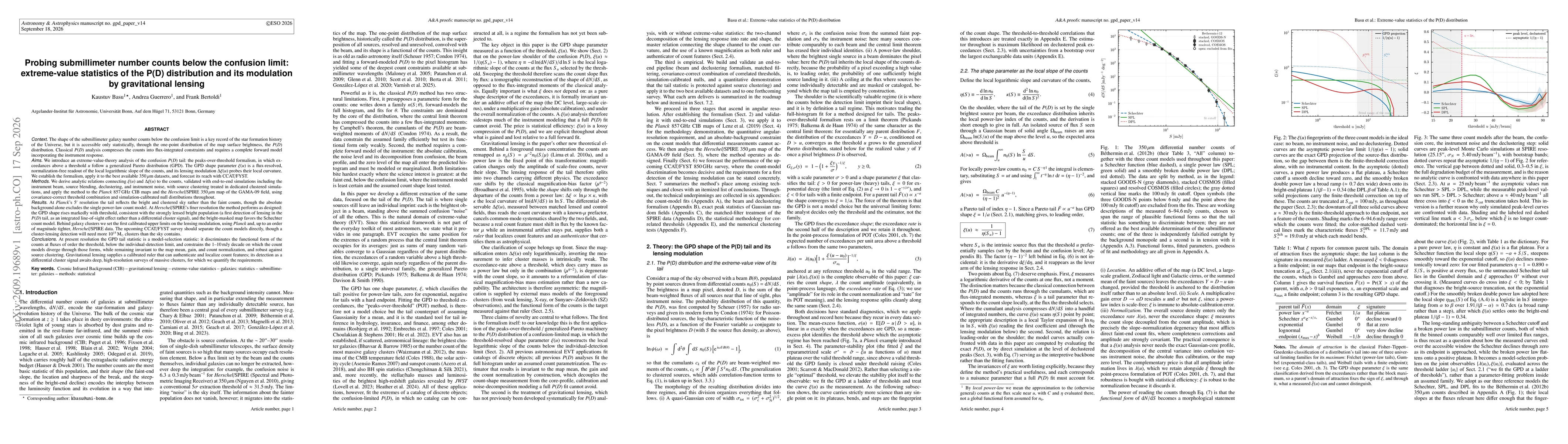 Thumbnail for Probing submillimeter number counts below the confusion limit: extreme-value statistics of the P(D) distribution and its modulation by gravitational lensing