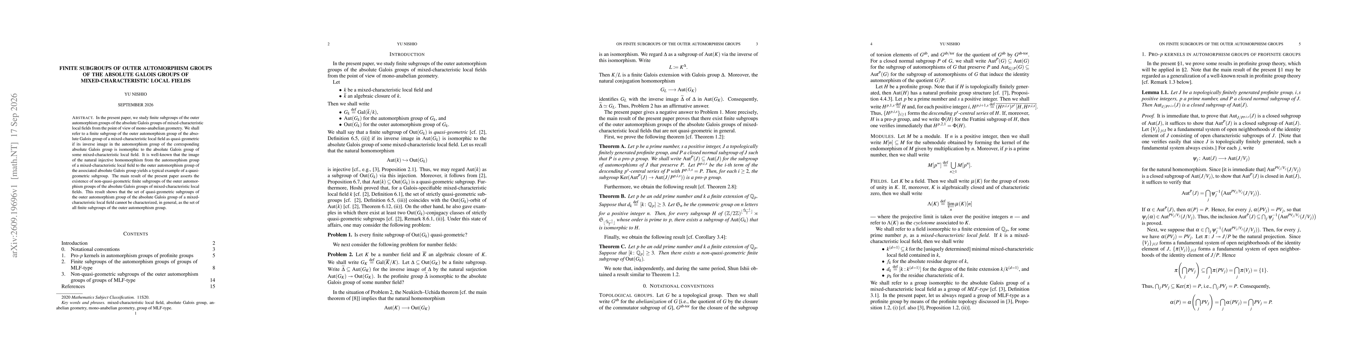 Thumbnail for Finite subgroups of outer automorphism groups of the absolute Galois groups of mixed-characteristic local fields