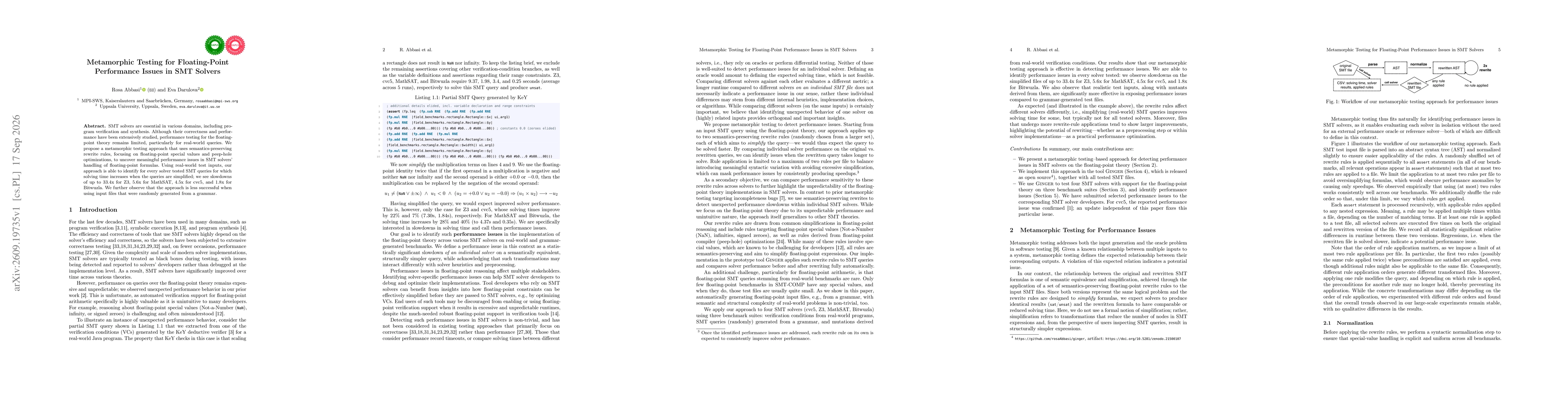 Thumbnail for Metamorphic Testing for Floating-Point Performance Issues in SMT Solvers