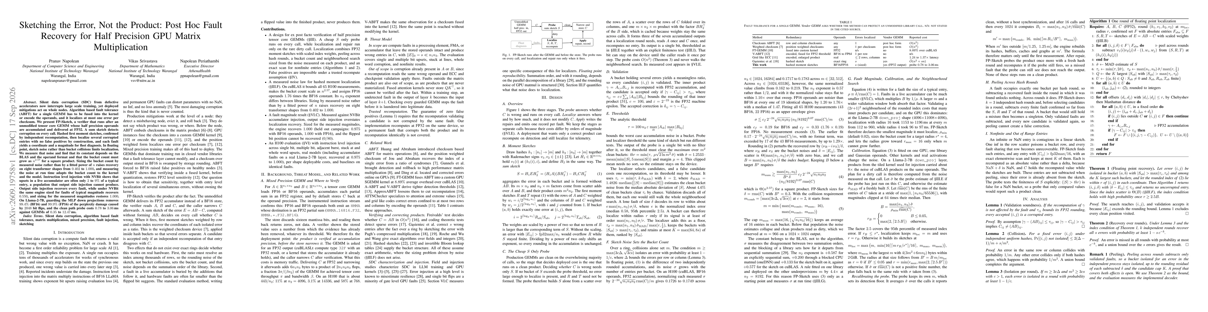 Thumbnail for Sketching the Error, Not the Product: Post Hoc Fault Recovery for Half Precision GPU Matrix Multiplication