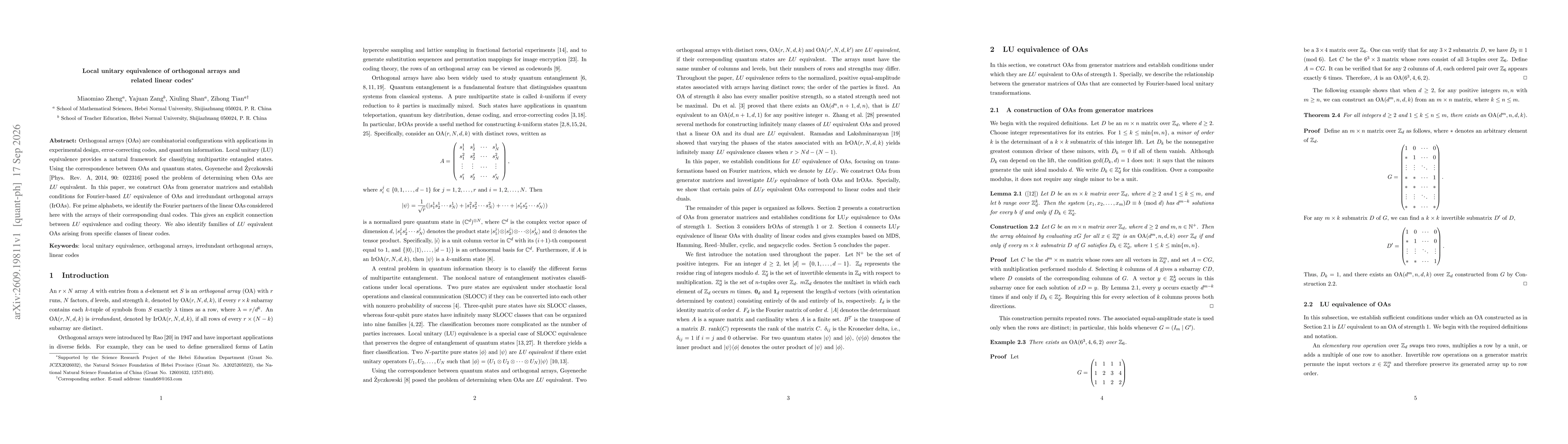 Thumbnail for Local unitary equivalence of orthogonal arrays and related linear codes