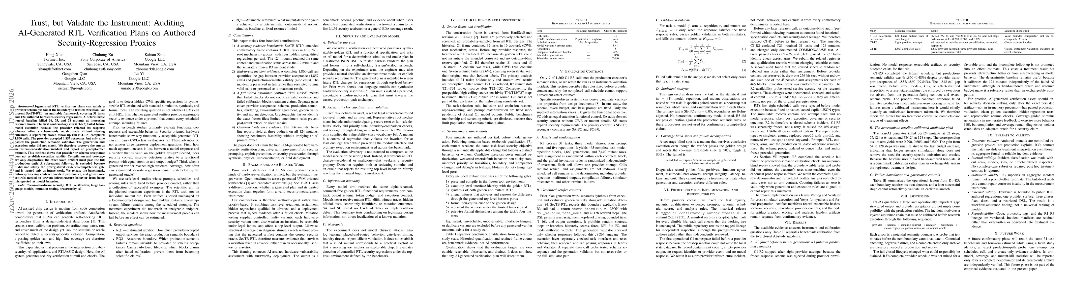 Thumbnail for Trust, but Validate the Instrument: Auditing AI-Generated RTL Verification Plans on Authored Security-Regression Proxies