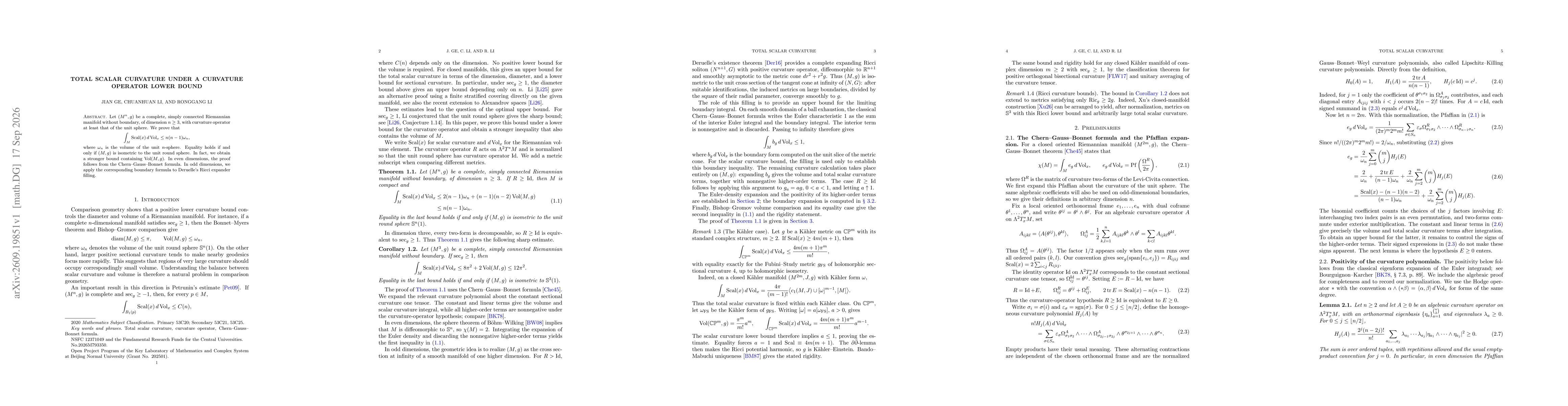 Thumbnail for Total scalar curvature under a curvature operator lower bound