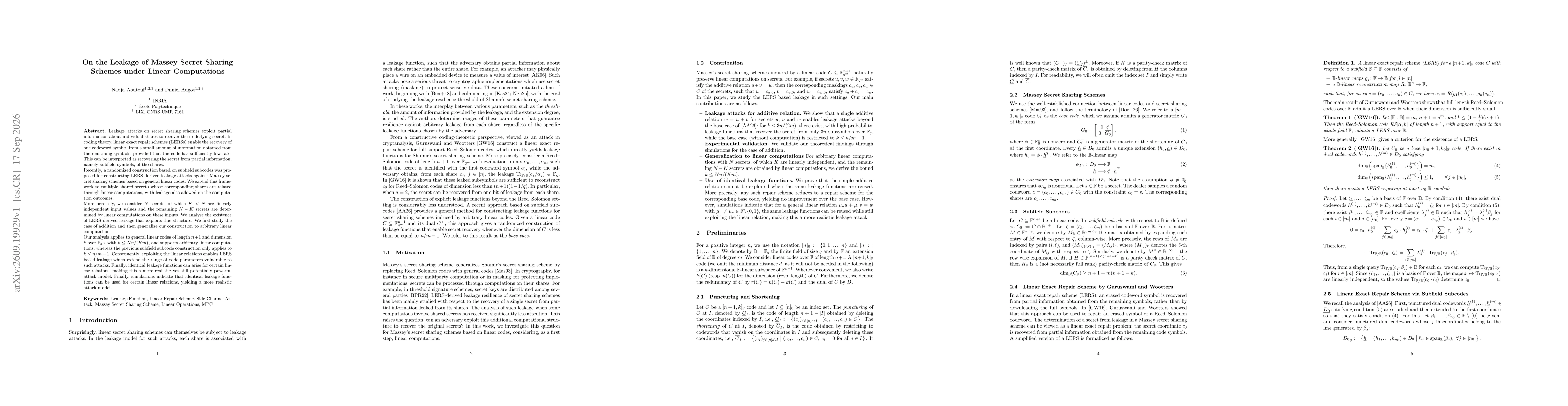 Thumbnail for On the Leakage of Massey Secret Sharing Schemes under Linear Computations