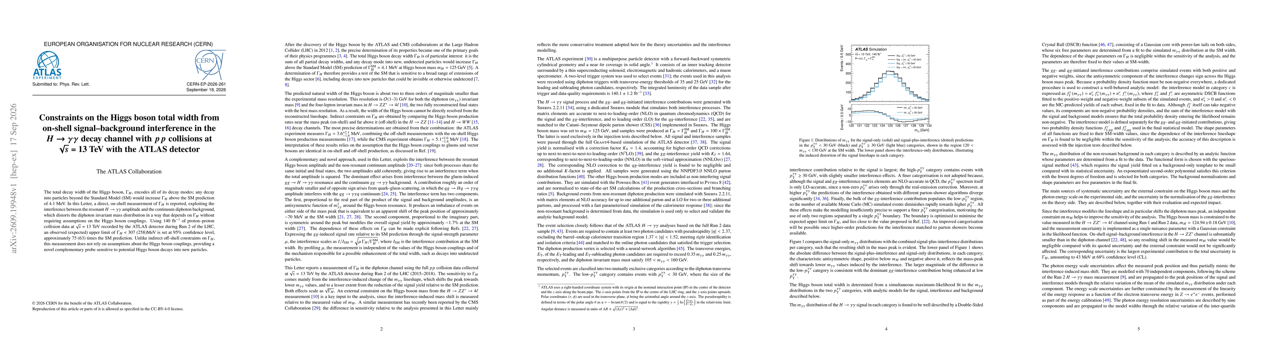 Thumbnail for Constraints on the Higgs boson total width from on-shell signal-background interference in the $H\toγγ$ decay channel with $pp$ collisions at $\sqrt{s}=13$ TeV with the ATLAS detector