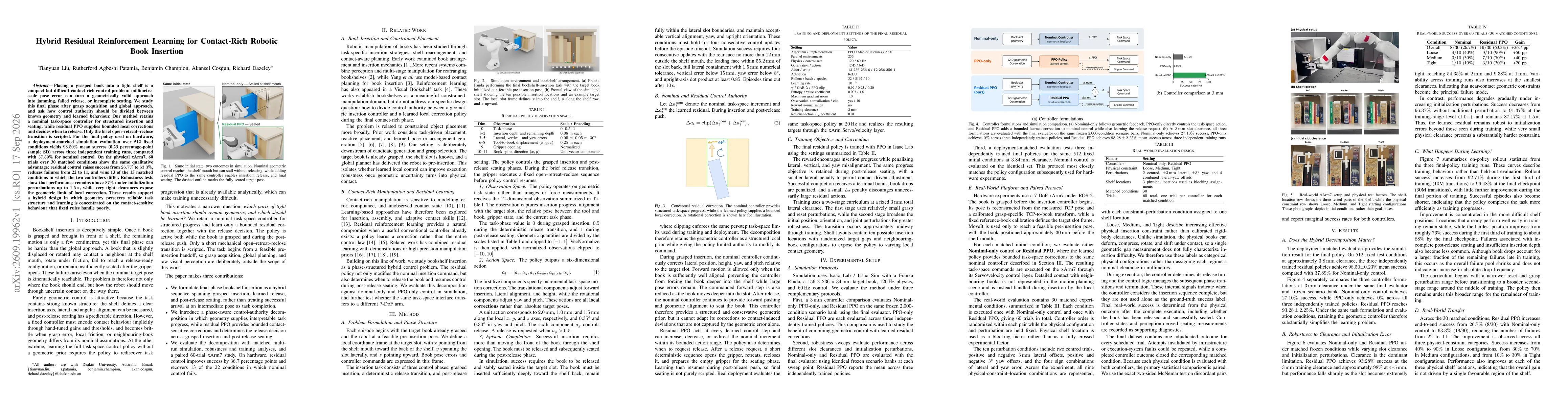 Thumbnail for Hybrid Residual Reinforcement Learning for Contact-Rich Robotic Book Insertion