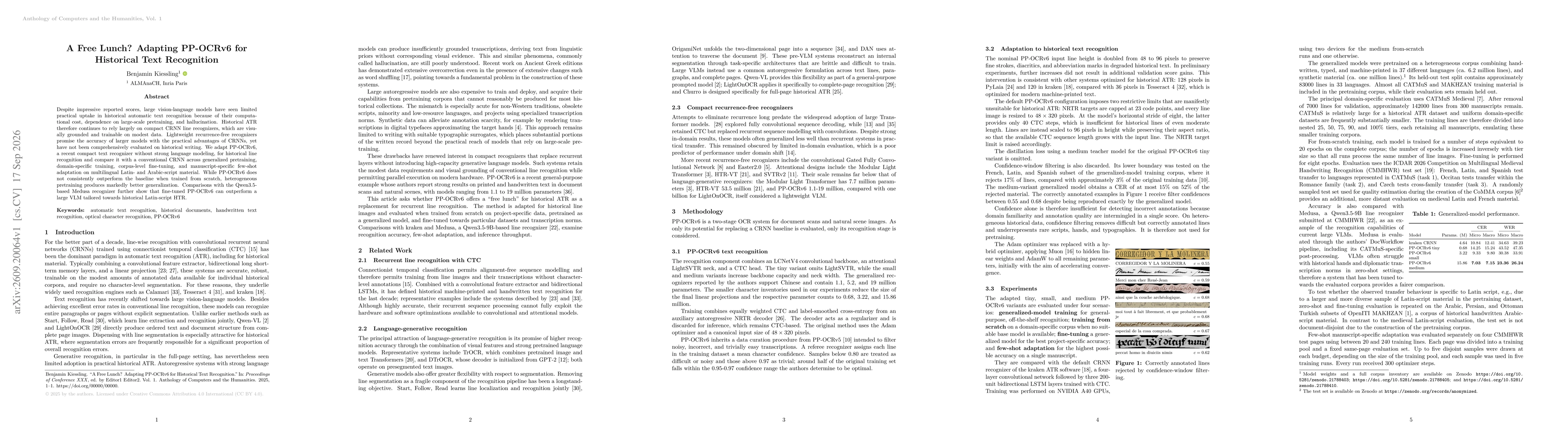 Thumbnail for A Free Lunch? Adapting PP-OCRv6 for Historical Text Recognition
