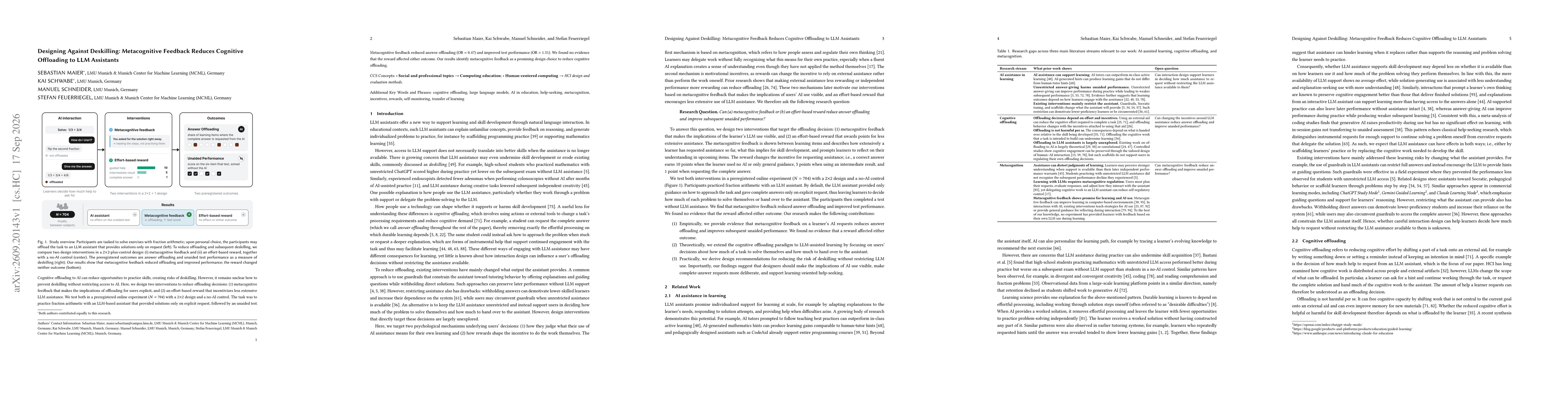 Thumbnail for Designing Against Deskilling: Metacognitive Feedback Reduces Cognitive Offloading to LLM Assistants