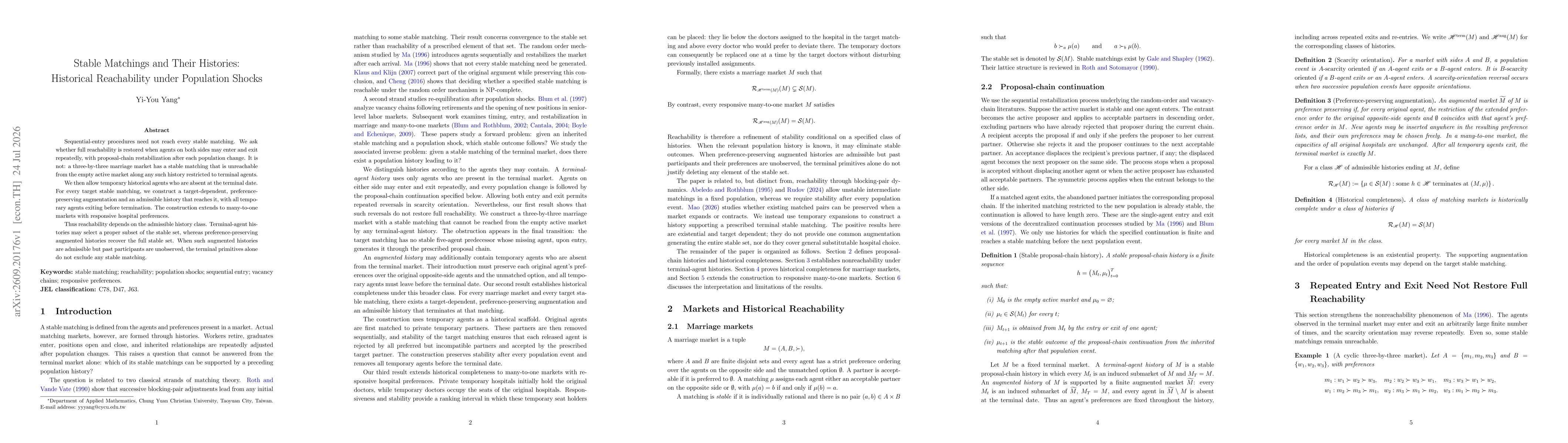 Thumbnail for Stable Matchings and Their Histories: Historical Reachability under Population Shocks