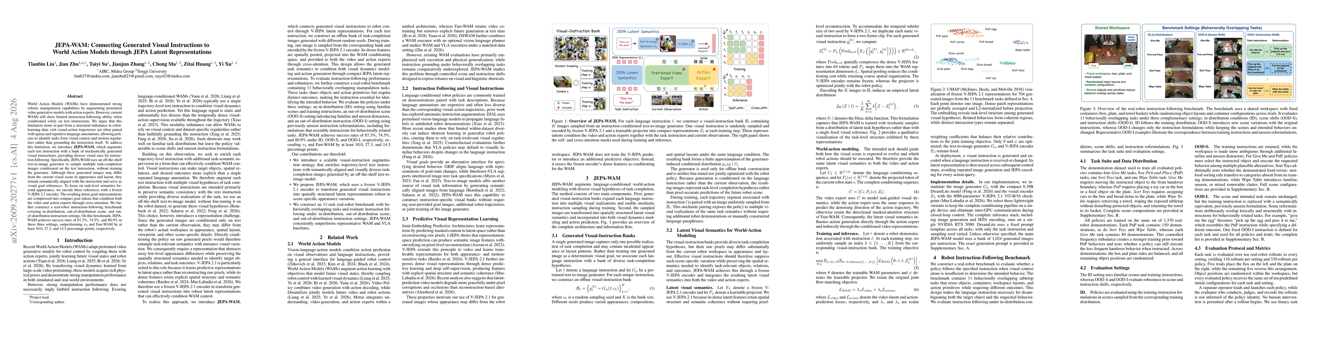 Thumbnail for JEPA-WAM: Connecting Generated Visual Instructions to World Action Models through JEPA Latent Representations