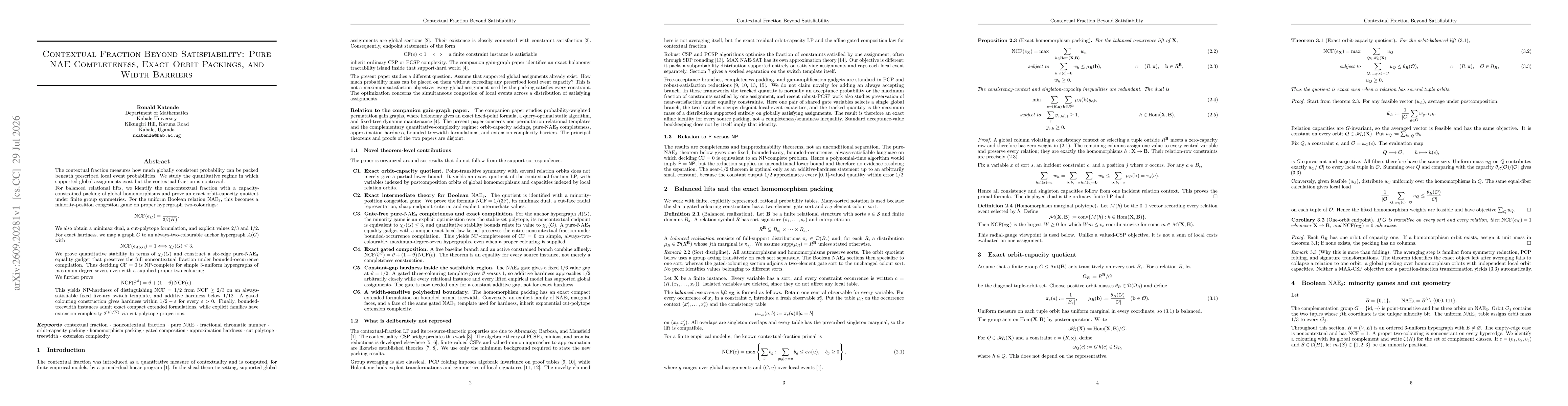 Thumbnail for Contextual Fraction Beyond Satisfiability: Pure NAE Completeness, Exact Orbit Packings, and Width Barriers