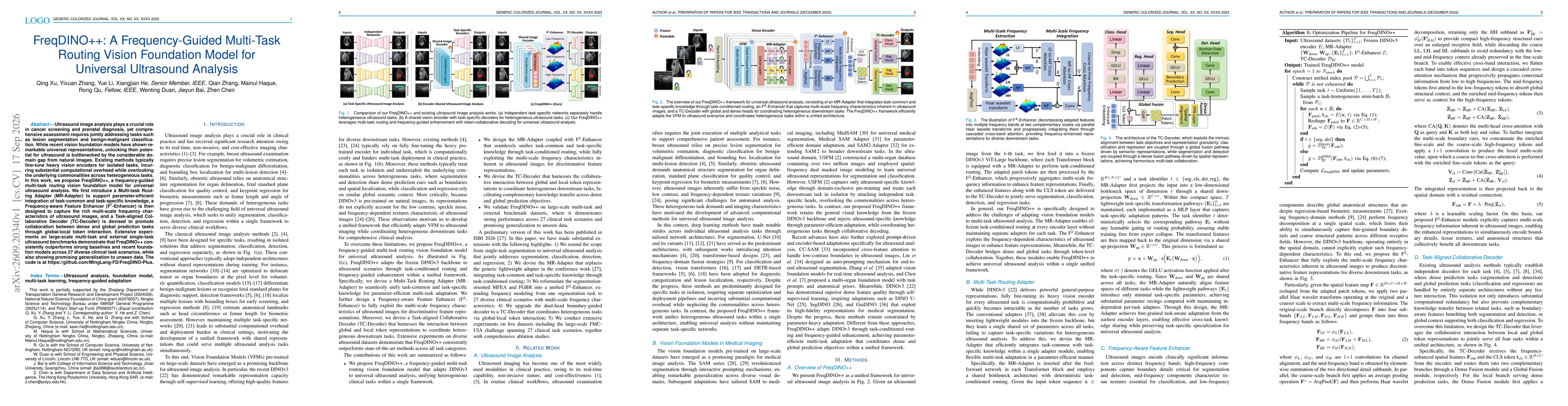 Thumbnail for FreqDINO++: A Frequency-Guided Multi-Task Routing Vision Foundation Model for Universal Ultrasound Analysis