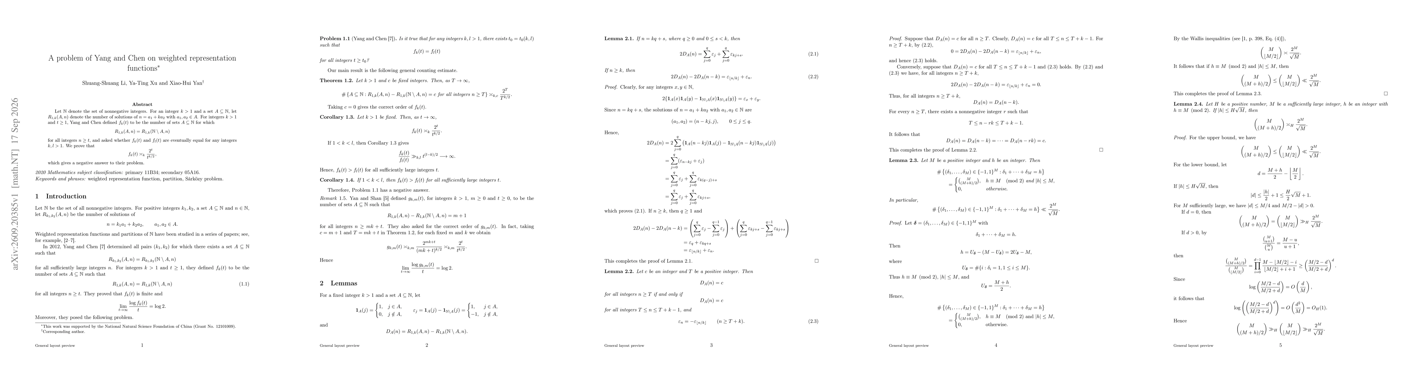 Thumbnail for A problem of Yang and Chen on weighted representation functions