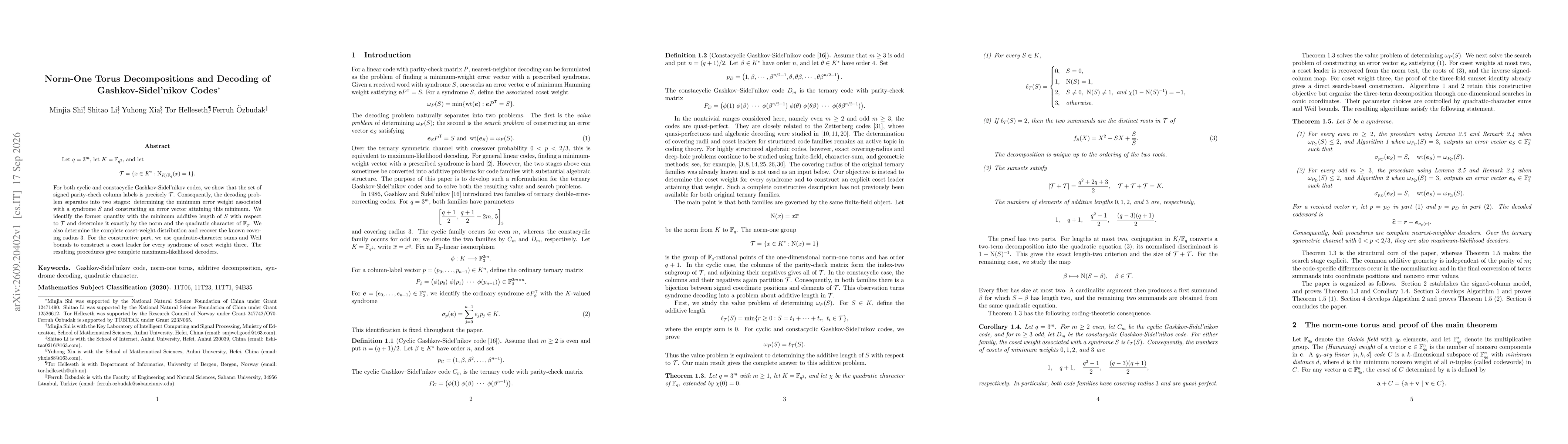 Thumbnail for Norm-One Torus Decompositions and Decoding of Gashkov-Sidel'nikov Codes