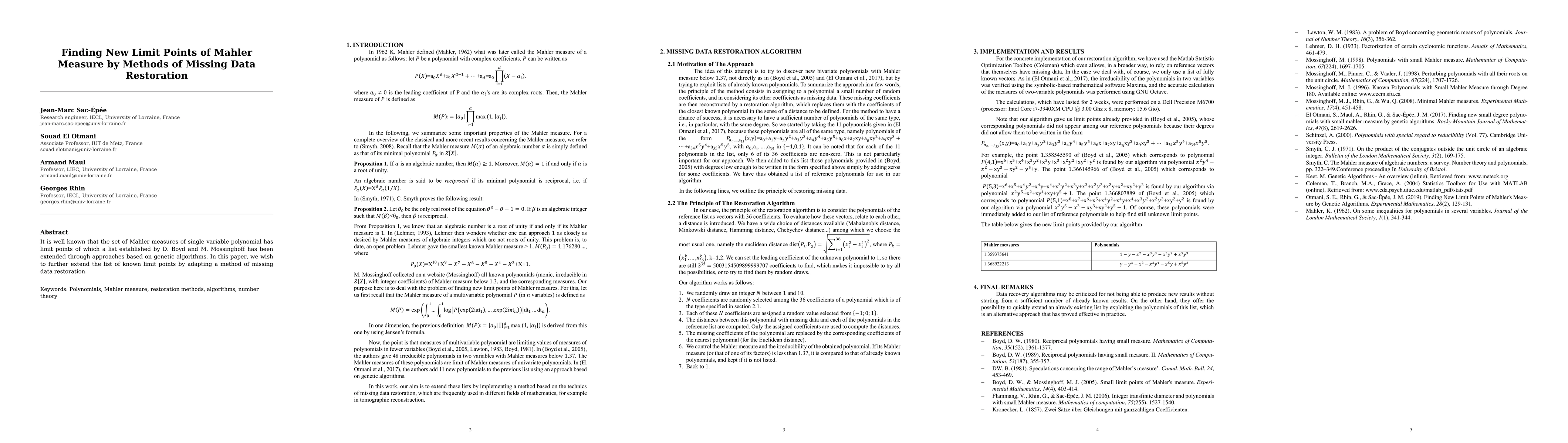 Thumbnail for Finding New Limit Points of Mahler Measure by Methods of Missing Data Restoration