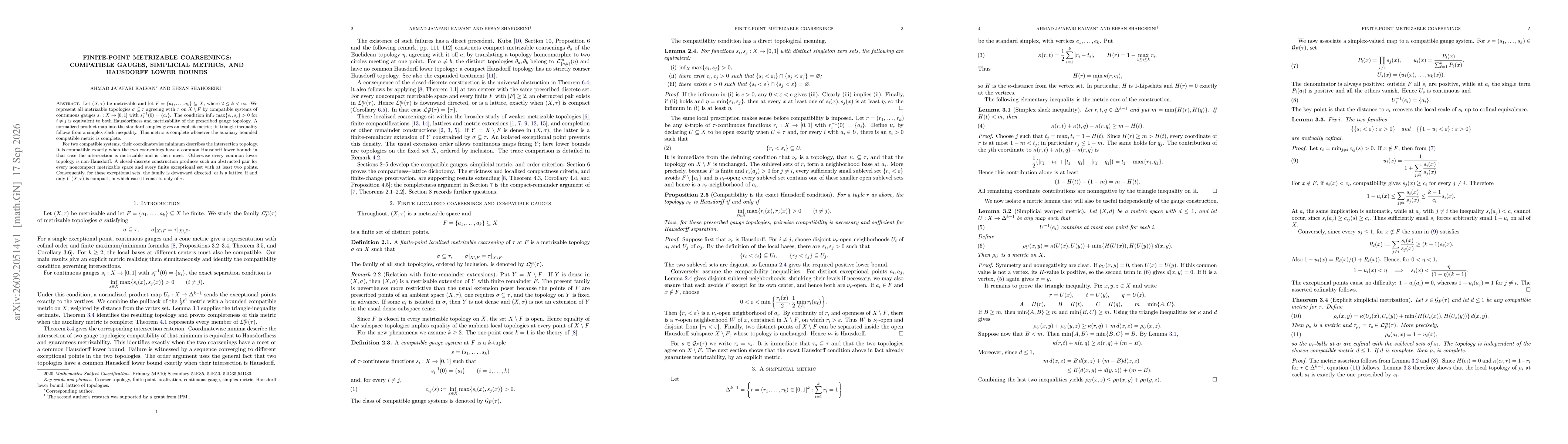Thumbnail for Finite-Point Metrizable Coarsenings: Compatible Gauges, Simplicial Metrics, and Hausdorff Lower Bounds