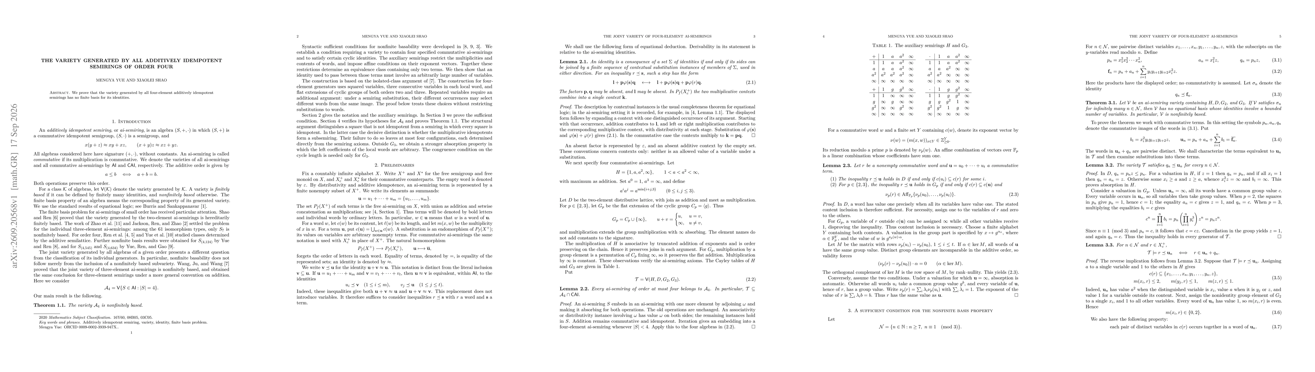 Thumbnail for The variety generated by all additively idempotent semirings of order four