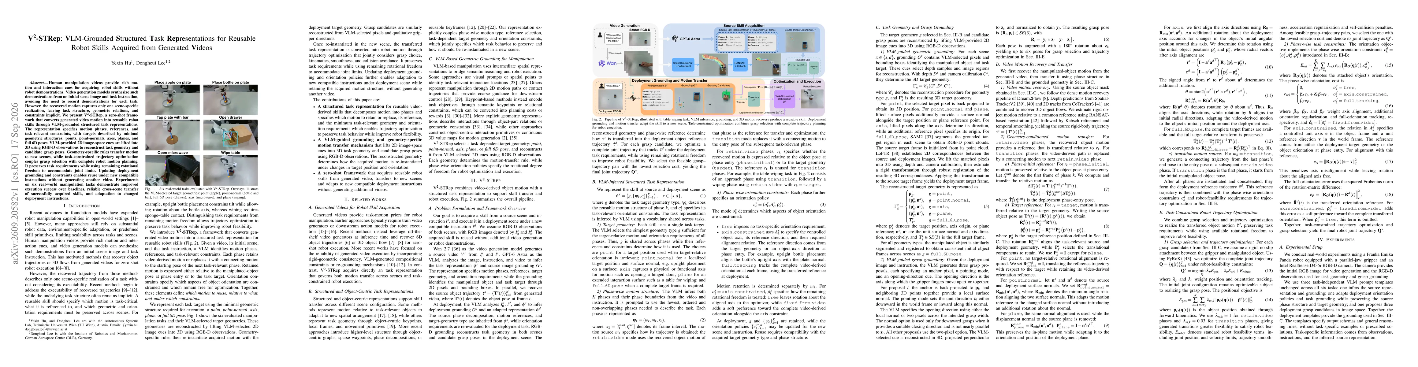 Thumbnail for V2-STRep: VLM-Grounded Structured Task Representations for Reusable Robot Skills Acquired from Generated Videos