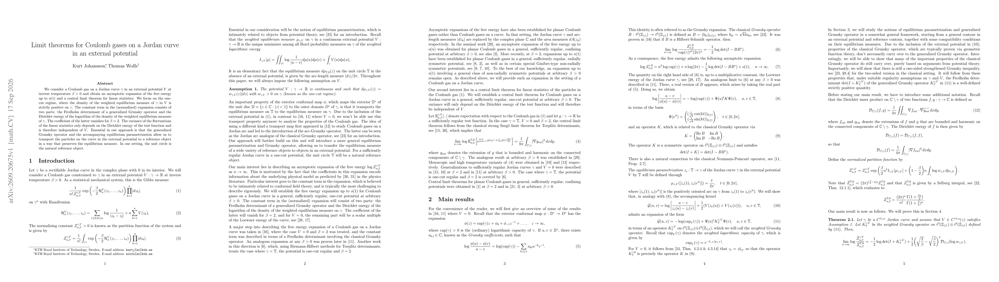 Thumbnail for Limit theorems for Coulomb gases on a Jordan curve in an external potential