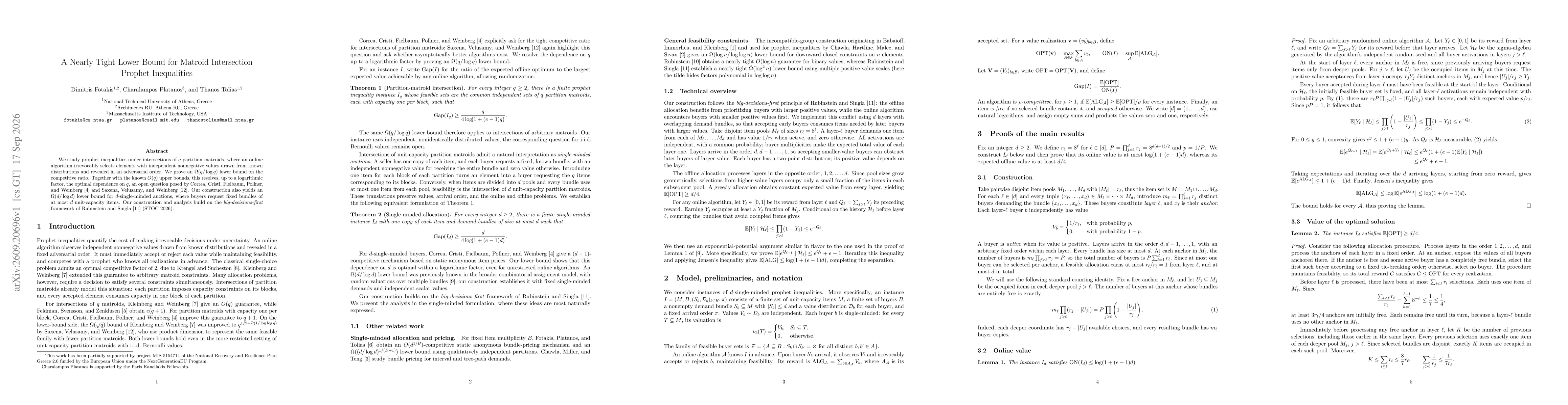 Thumbnail for A Nearly Tight Lower Bound for Matroid Intersection Prophet Inequalities