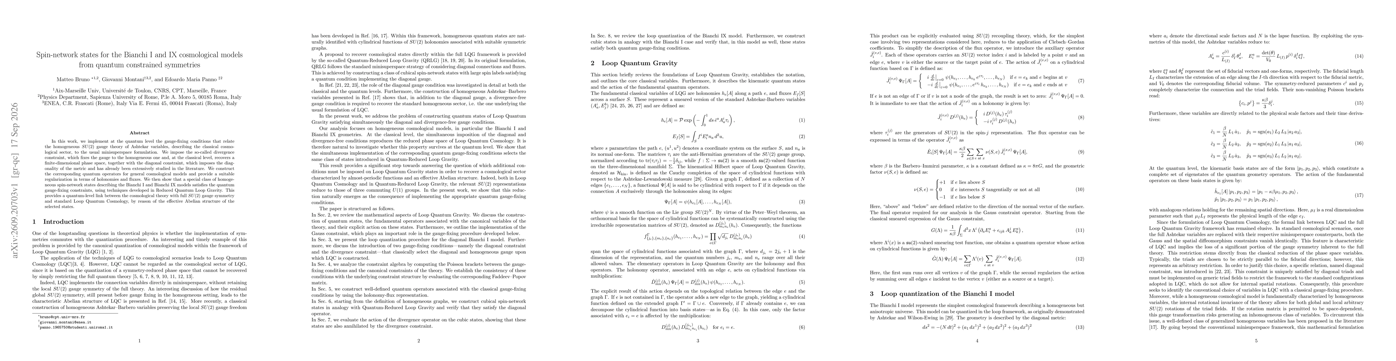 Thumbnail for Spin-network states for the Bianchi I and IX cosmological models from quantum constrained symmetries
