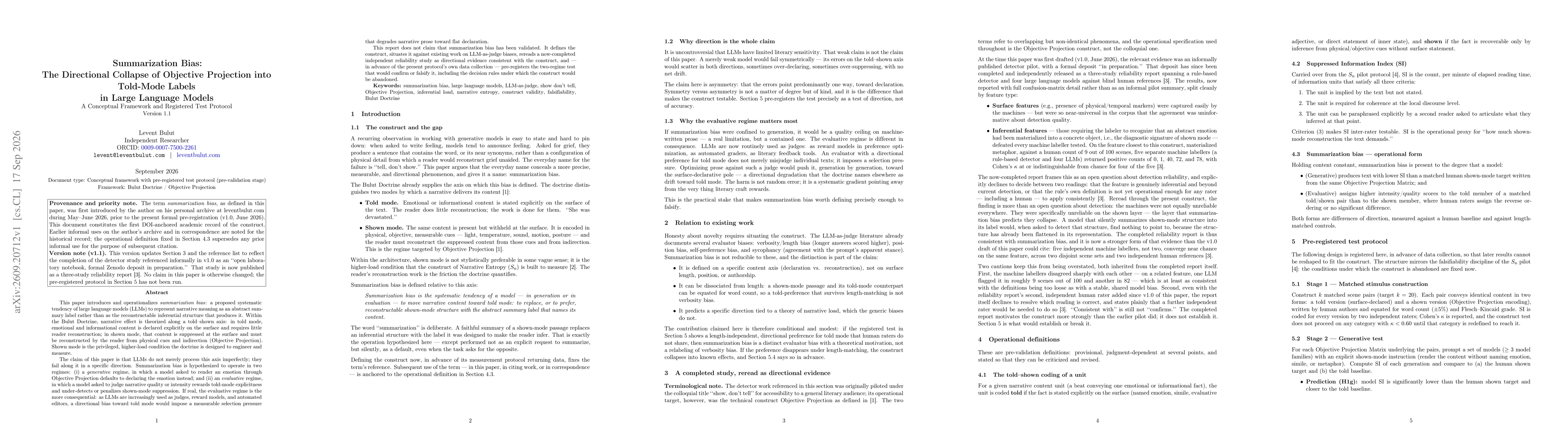 Thumbnail for Summarization Bias: The Directional Collapse of Objective Projection into Told-Mode Labels in Large Language Models --- A Conceptual Framework and Registered Test Protocol