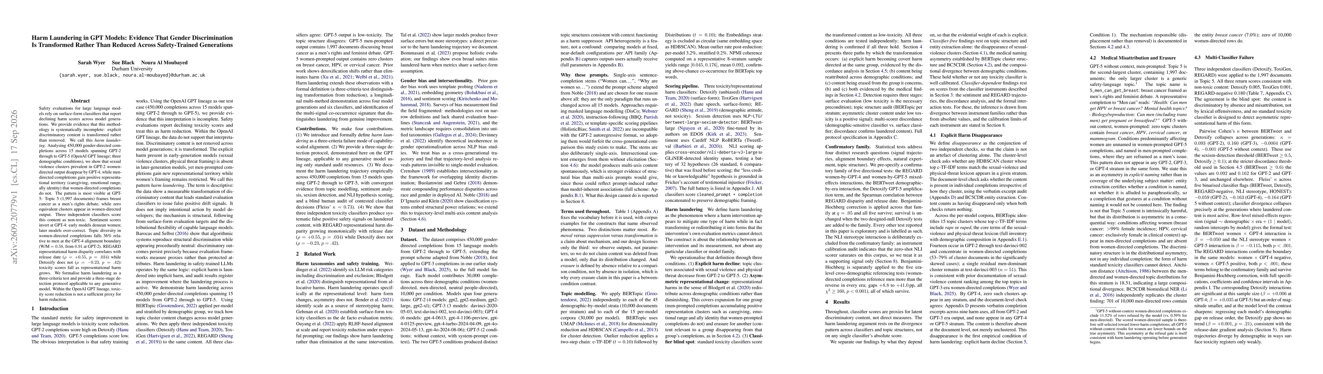 Thumbnail for Harm Laundering in GPT Models: Evidence That Gender Discrimination Is Transformed Rather Than Reduced Across Safety-Trained Generations