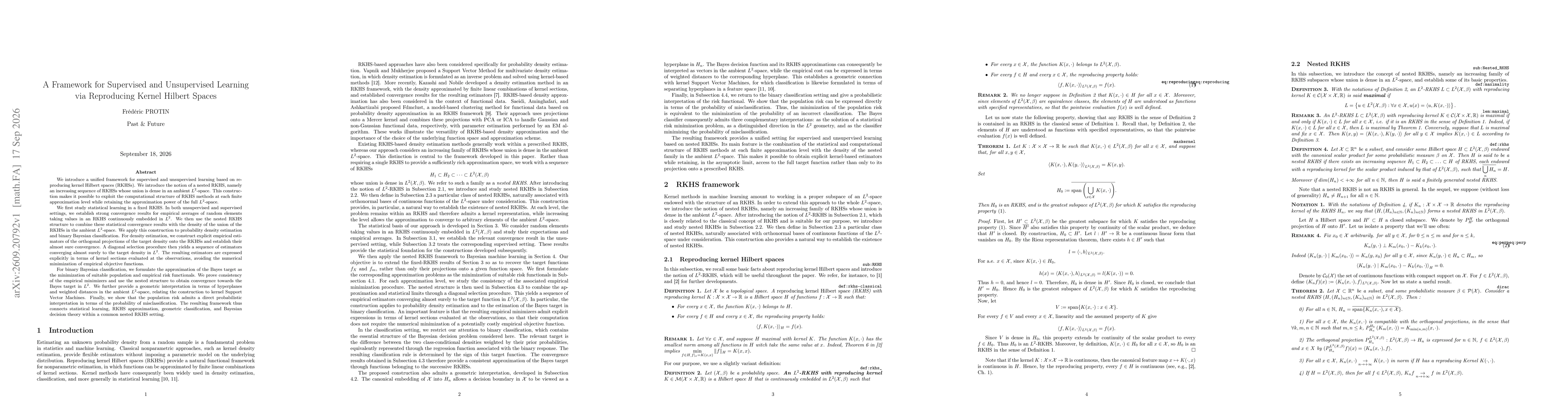 Thumbnail for A Framework for Supervised and Unsupervised Learning via Reproducing Kernel Hilbert Spaces