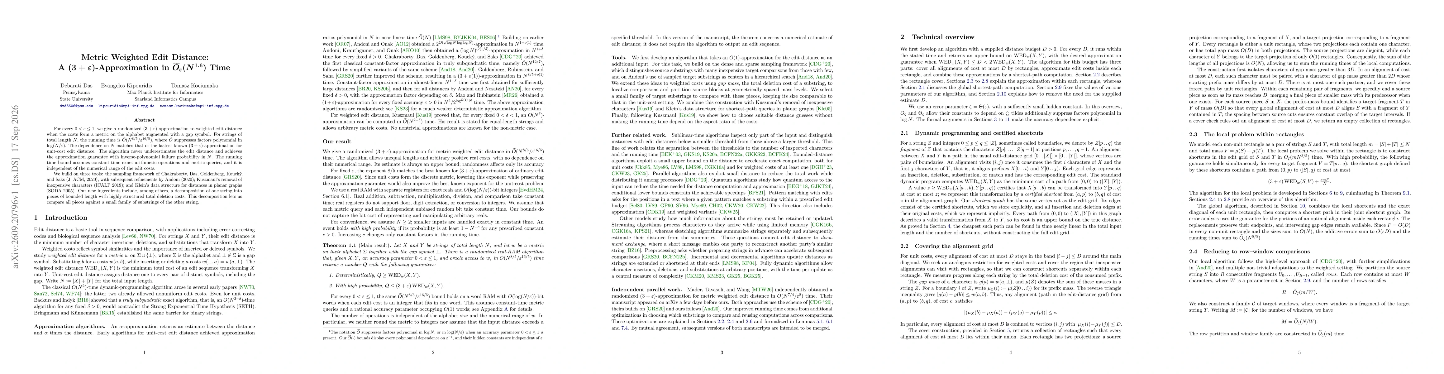 Thumbnail for Metric Weighted Edit Distance: $(3+\varepsilon)$-Approximation in $\widetilde O_\varepsilon(N^{1.6})$ Time