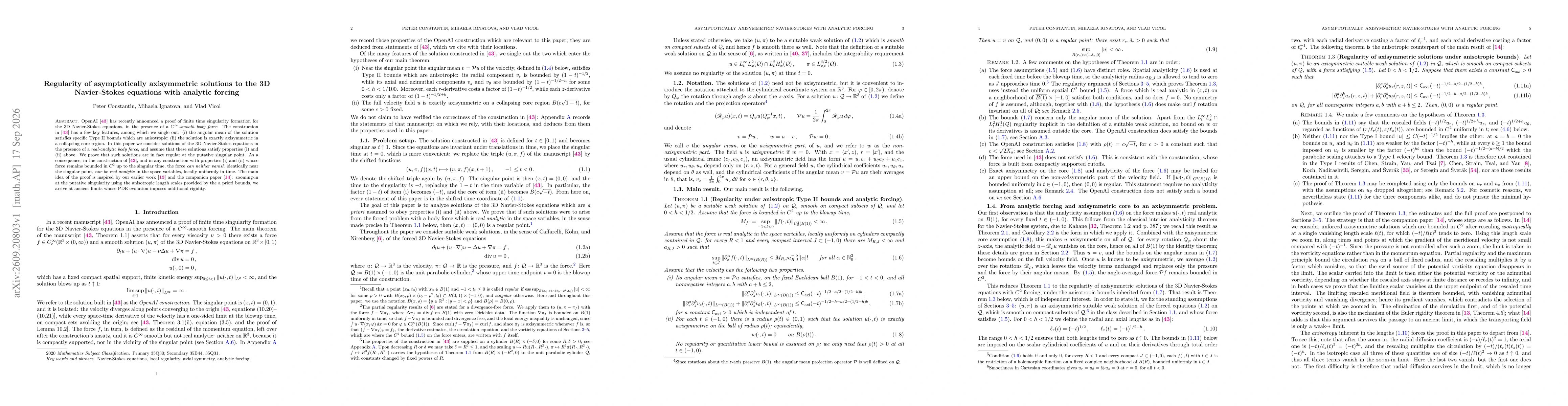 Thumbnail for Regularity of asymptotically axisymmetric solutions to the 3D Navier-Stokes equations with analytic forcing