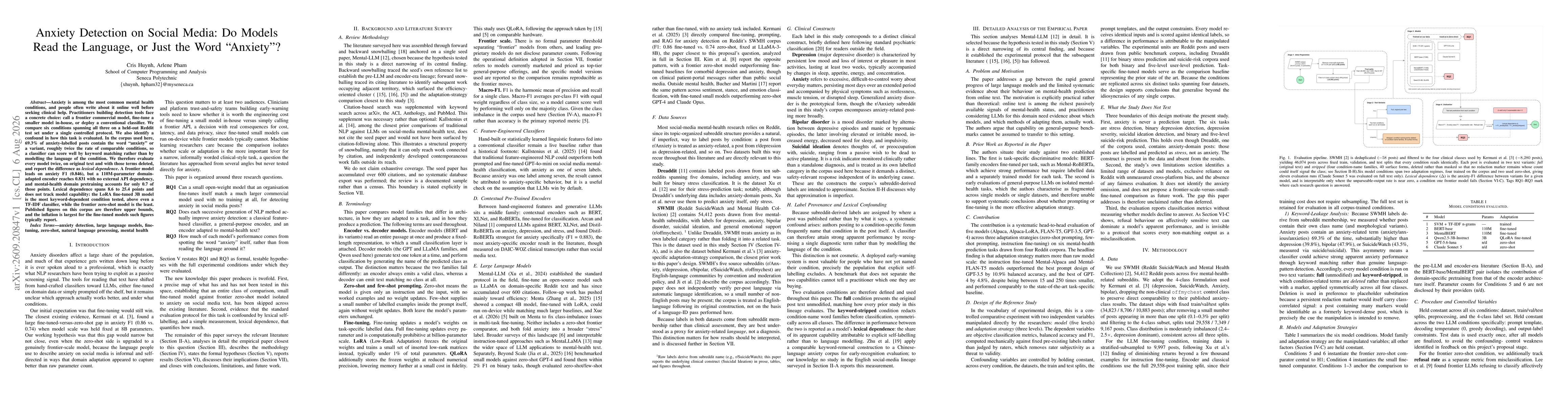 Thumbnail for Reading Anxiety or Reading the Label? Comparing Fine-Tuned and Frontier Models for Anxiety Detection on Social Media
