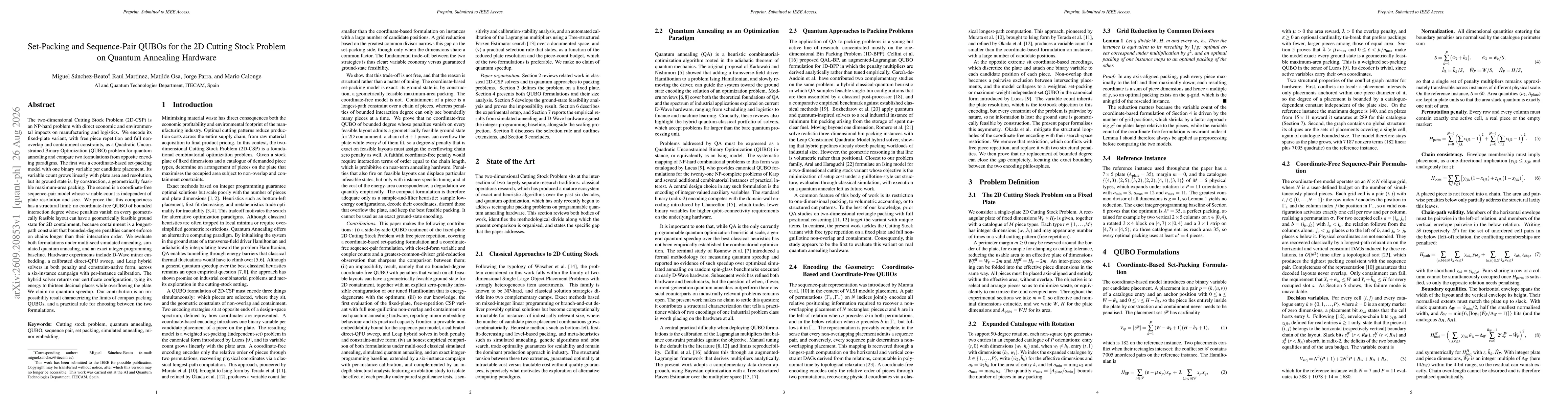 Thumbnail for Set-Packing and Sequence-Pair QUBOs for the 2D Cutting Stock Problem on Quantum Annealing Hardware