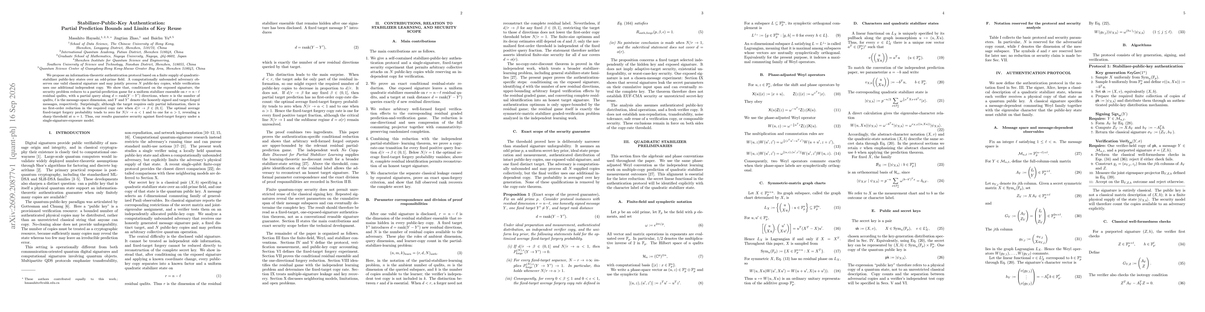 Thumbnail for Stabilizer-Public-Key Authentication: Partial Prediction Bounds and Limits of Key Reuse