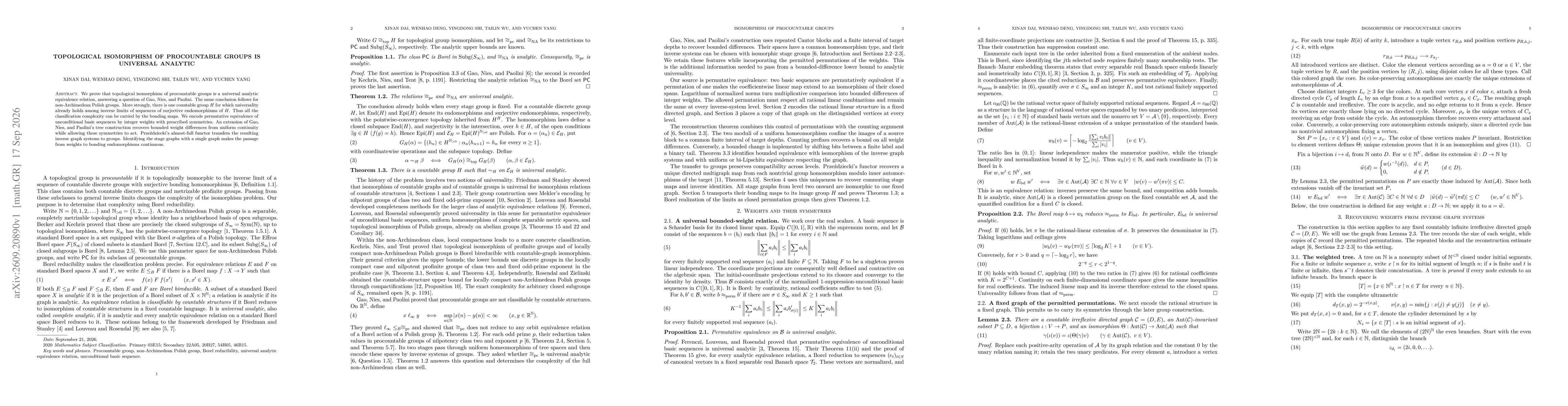 Thumbnail for Topological isomorphism of procountable groups is universal analytic