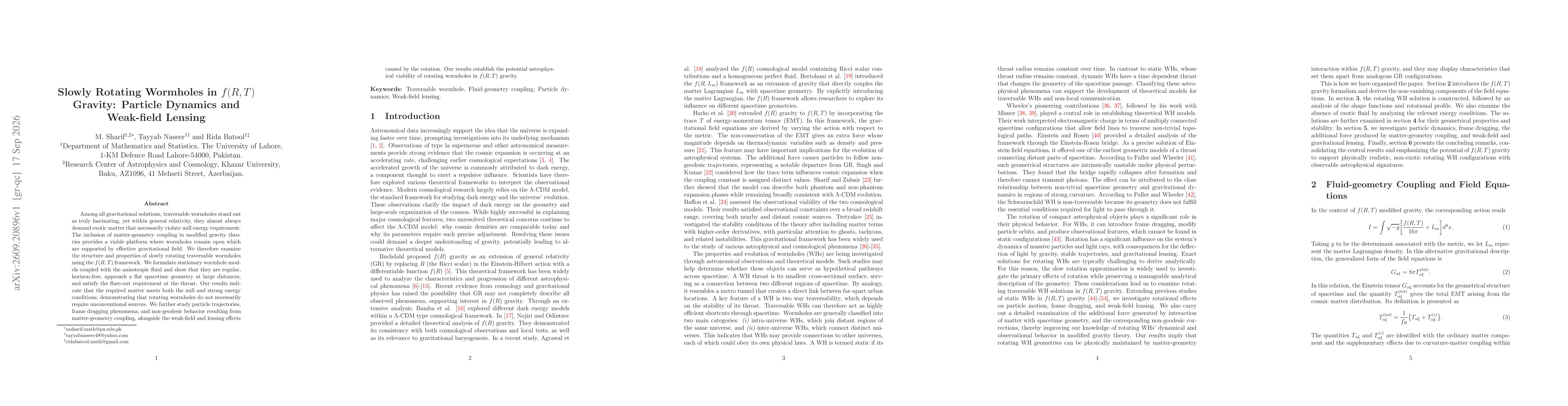 Thumbnail for Slowly Rotating Wormholes in f(R,T) Gravity: Particle Dynamics and Weak-field Lensing