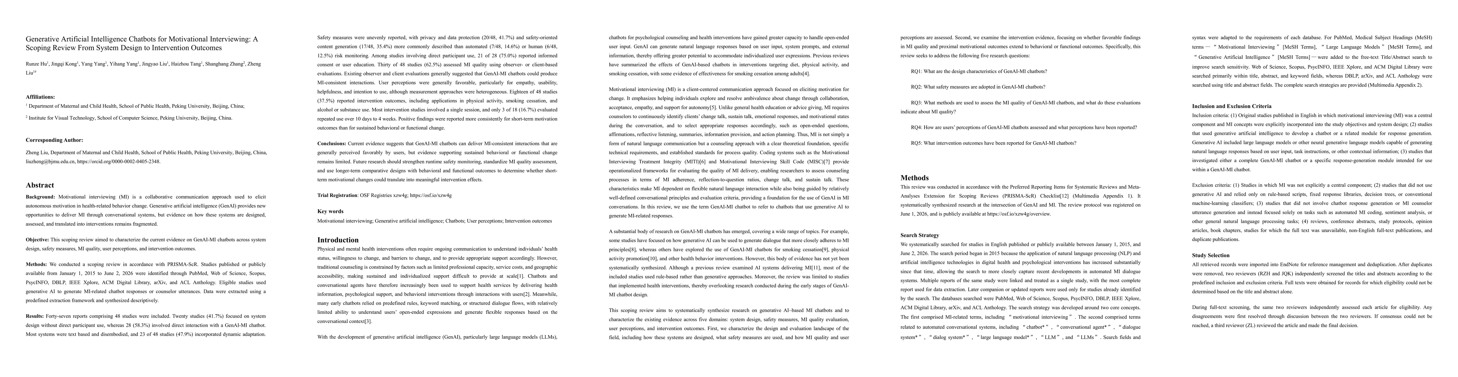 Thumbnail for Generative Artificial Intelligence Chatbots for Motivational Interviewing: A Scoping Review From System Design to Intervention Outcomes